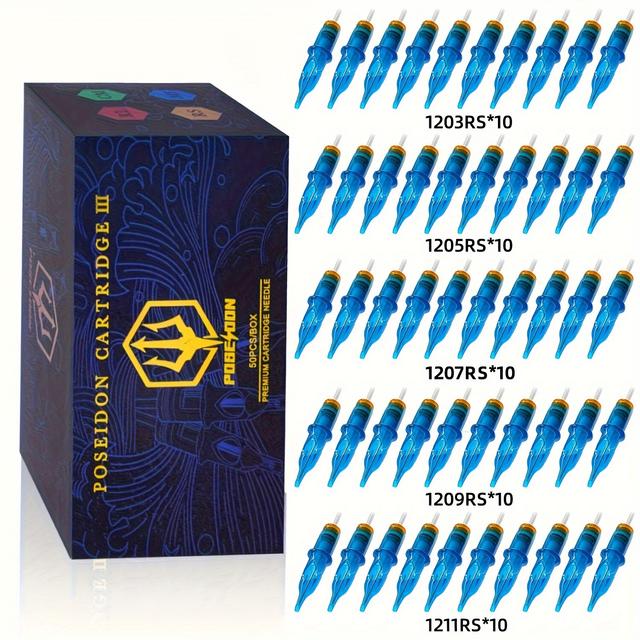 TEMU Poseidon V3 Tattoo Cartridge Needles 50pcs Rs Mixed Size Needles With Membrane Safety Cartridges-1203rs 1205rs 1207rs 1209rs 1211rs