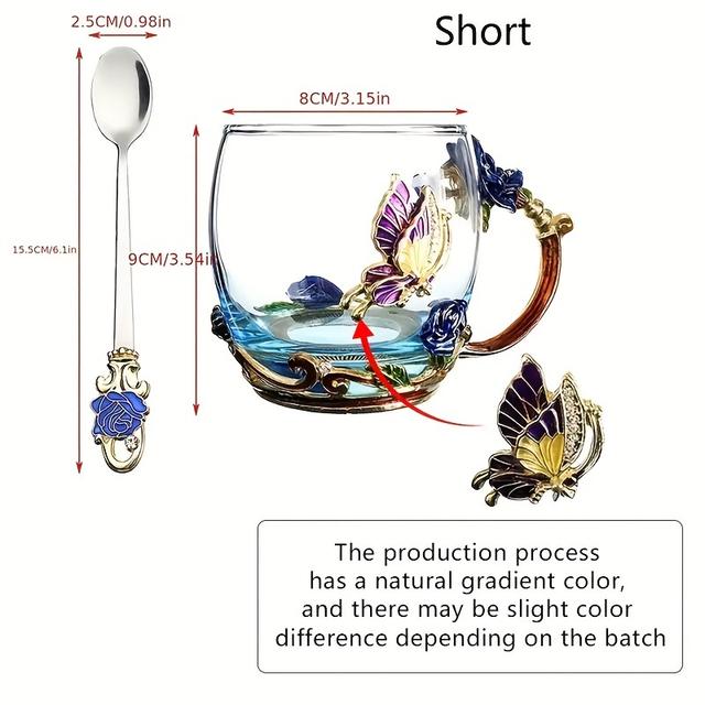 TEMU 1 Stk. Rose Emaille Kristall Teetasse, Kaffeebecher, Tumbler Schmetterling Rose Gemalt Blume Wasser Tassen, Klarglas mit Löffel Set