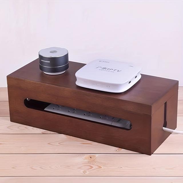 TEMU صندوق تخزين خشبي صلب لتنظيم كابلات واي فاي وشواحن ومنافذ الطاقة، رف تخزين وغطاء صندوق منظم