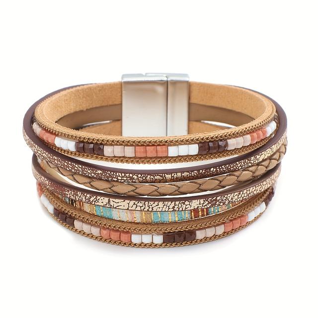 TEMU Bohemia Stripes Artificial Leather Handmade Bracelets Multi Layer Seed Beads Wrap Bracelet Wide Wristband Jewelry For Women Girls