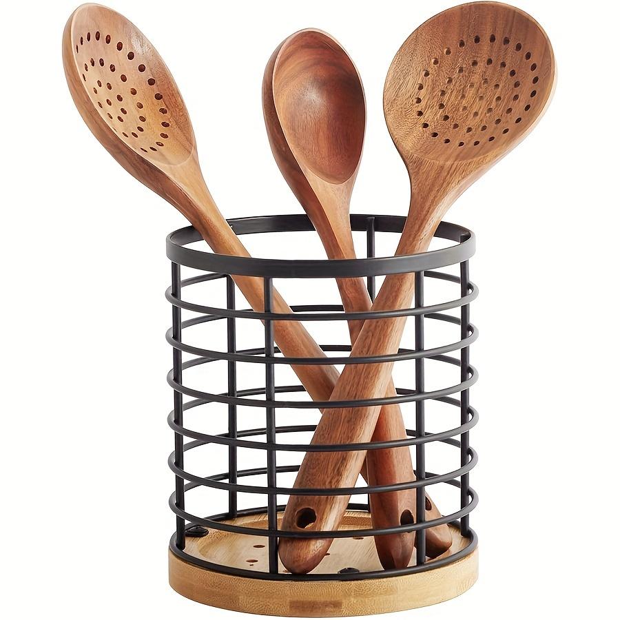 TEMU A Kitchen Counter Organizer For Cutlery, Including A Holder For Knives, Forks, Spatulas, And Spoons, Featuring A Spacious Round Wooden Base Measuring 5.2 Inches By 5.2 Inches By 6 Inches