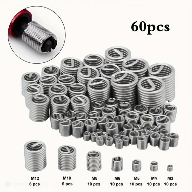 TEMU 60pcs Stainless Steel Thread Repair Kit - M3 To M12 Sizes, Full Coverage, Durable Metal Fasteners For Restoring Damaged Threads