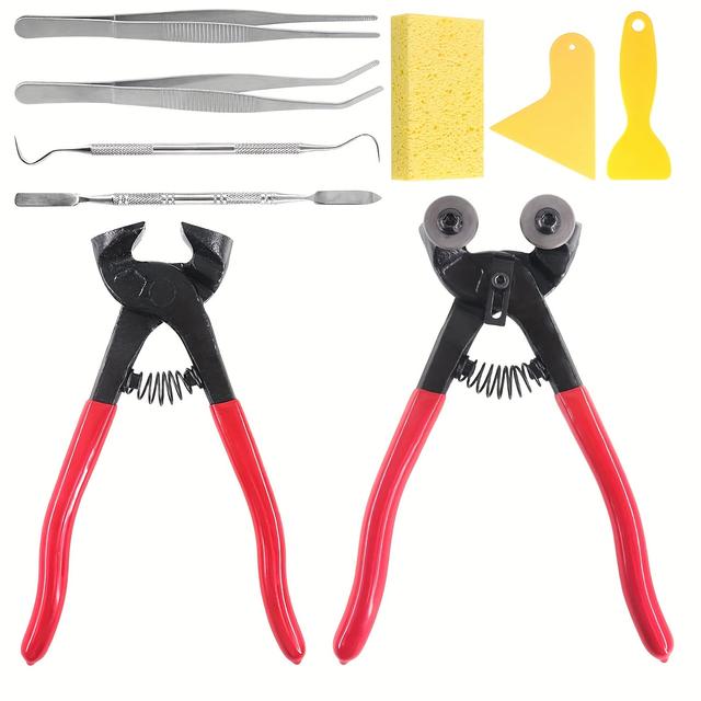 TEMU 8/9/12 pièces Outils de Mosaïque avec Ensemble de à Aiguille, Incluant Pince Coupe Mosaïque en Verre Robuste et Pince à Carrelage, 10 Métalliques, Acier Trempé , Idéal pour Coupe Mosaïque DIY