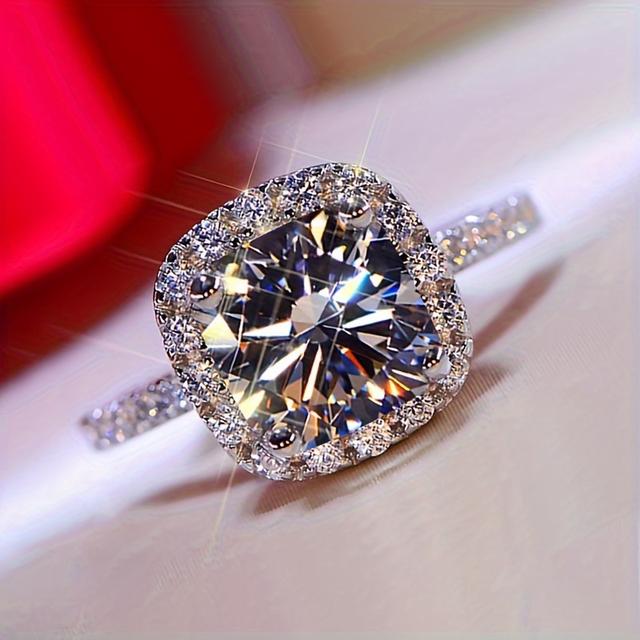 TEMU Luxurious 925 Silver Four-claw Square Couple Rings For Women, A Geometric Party Gift Jewelry.