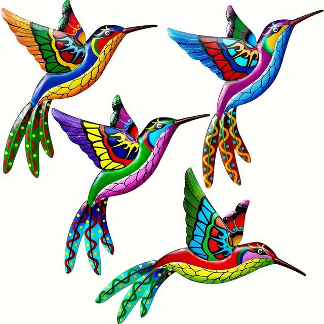 TEMU 4 pièces, Décoration murale en métal coloré de - Sculpture murale d'oiseaux 3D pour une utilisation en extérieur et en intérieur - Cadeau pour la décoration de jardin, patio, salon et clôture