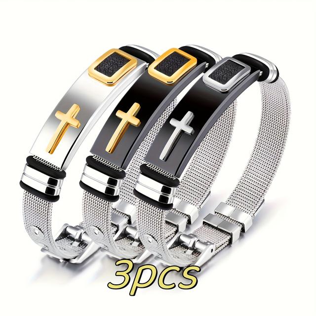 TEMU 3pcs Titanium Steel Cool Men's And Women's Bracelet, Smooth Decoration Casual Fashion Stainless Steel Set Bracelet Gifts