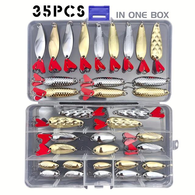 TEMU مجموعة طُعم الصيد بالملاعق المعدنية - طُعم صلبة باللون الفضي والذهبي للباس والسمك السلموني معبأة في صندوق أدوات الصيد