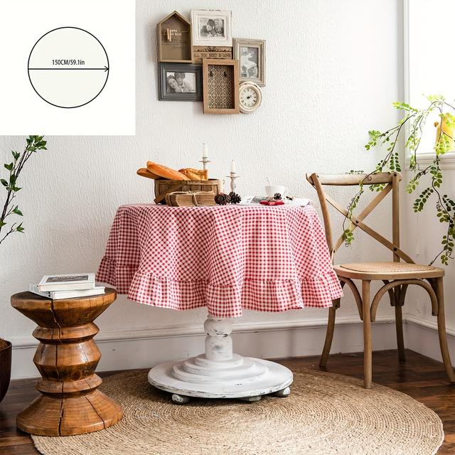 TEMU Mantel con Volantes y Estampado de Cuadros Rojos de Estilo Étnico para , 1 Pieza