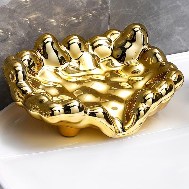 TEMU 1pc Elegant Golden Dish With Drainage Hole - Luxurious Oval Design, No-drill Installation, Durable Plastic, Stylish Bathroom Accessory, Soap Dish For Bathroom Sink, Modern Bathroom Decor, Finish