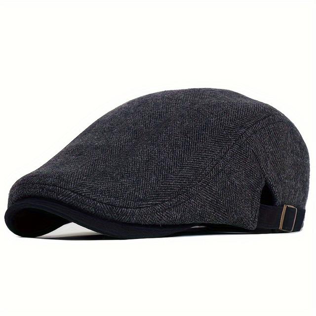 TEMU Men&;s Vintage News Cap, Big Size, Thick Warm Polyester Beret, Casual Striped Peaked Hat, Adjustable Flat Cap With Herringbone Weave, Hand Washable