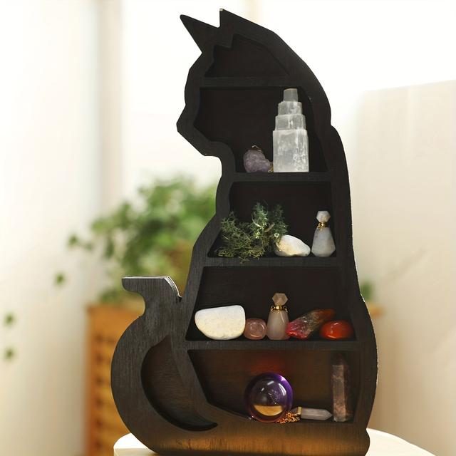 TEMU Vintage Gothic Black Wooden Cat Shelf - 3-tier Display For Crystals, Essential Oils & Home Decor