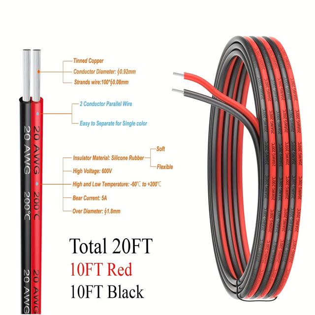 TEMU 1pc 20awg Silicone Wire, 10/25/50/100ft Lengths, Flexible 2- Wire, Copper Cable, High , Heat Resistant, Ideal For Electrical Projects,