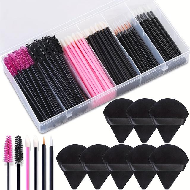 TEMU 228pcs Makeup Brush Kit With Storage Box - 100pcs Mascara Wands Eyelashes Brush & 100pcs Lip Brush Lip Applicators & 20pcs Lip Line Brush & 8pcs Powder Puff - Gift Set Mother's Day Gift