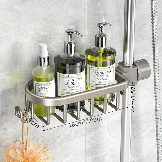TEMU Space-saving Aluminum Shower Rod Storage Rack - No Drilling Required, Rotating Bathroom Organizer With Hooks For Shampoo, Body Wash, Cosmetics And Bath Ball Storage