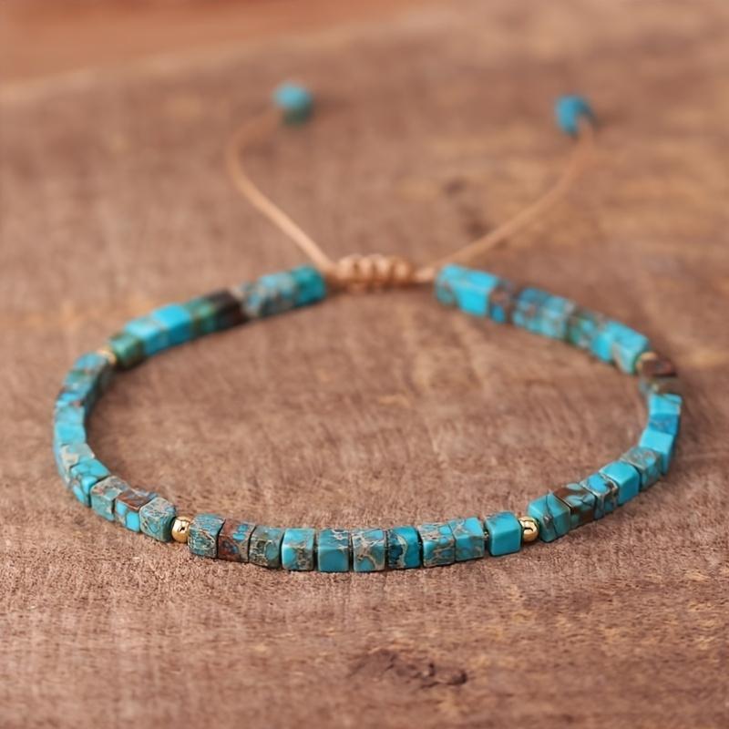 TEMU Natural Stone 1pc Turquoise Dainty Beaded Bracelet Square Beads Natural Stone Beaded Bracelet Minimalist Bracelet Tibetan Boho Bracelet