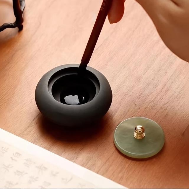 TEMU Mini In Hand. Chinese Calligraphy Ink Pool And Ink Cartridge With Lid. Luowen Is Convenient To Carry. (note That Each Natural Stone Lid Has Different Colors And Textures.)