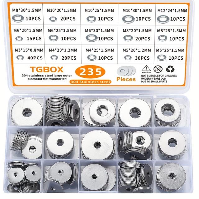 TEMU 【235個】TGBOX 平ワッシャー セット 304ステンレス鋼製、非標準平ワッシャー サイズ M3, M4, M5, M6, M8, M9, M10, M12、ボックス入り