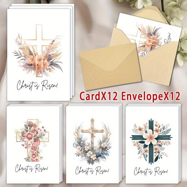 TEMU 24pcs (12 Envelopes + 12 Cards) Christian Cross Encouragement, Congratulations, Cards Suitable For Occasions, Blank Greeting Cards To Gift To For For Christmas And New Year