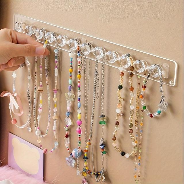 TEMU 12-slot Clear Acrylic Wall-mounted Jewelry Organizer With Hooks - Elegant Necklace, Bracelet & Accessory Holder For Home Decor, Jewelry Display