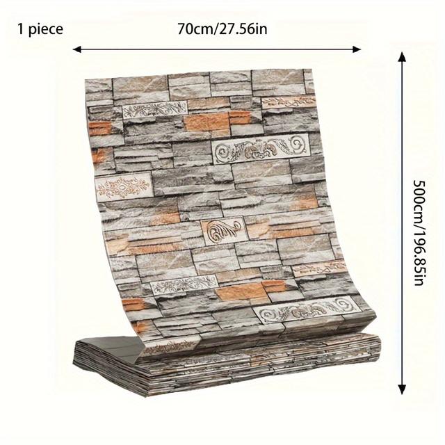 TEMU 1pc 3d Brick Foam Wallpaper - Self-adhesive, Waterproof Pvc Sticker, 5m X 70cm, Textured Grey & Brown Design, Perfect For Living Room, Bedroom, Bathroom, And Tv Background Decoration, Room Decor