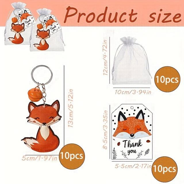 TEMU 30-teiliges Party-Gastgeschenk-Set im Fuchs-Design, inklusive 10 Glockenschlüsselanhänger, 10 "Danke"-Etiketten & 10 weiße Tüll-Geschenktüten – für Geburtstag, Tier, Gender Reveal