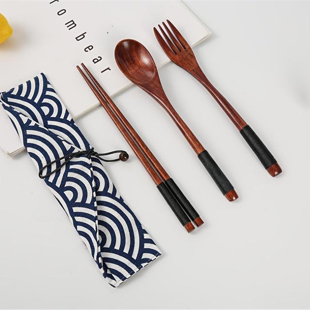 TEMU 4pcs Wooden Cutlery Set, Reusable Portable Chopsticks Combo With Storage Bag For Office, Camping, Travel, Picnic & School