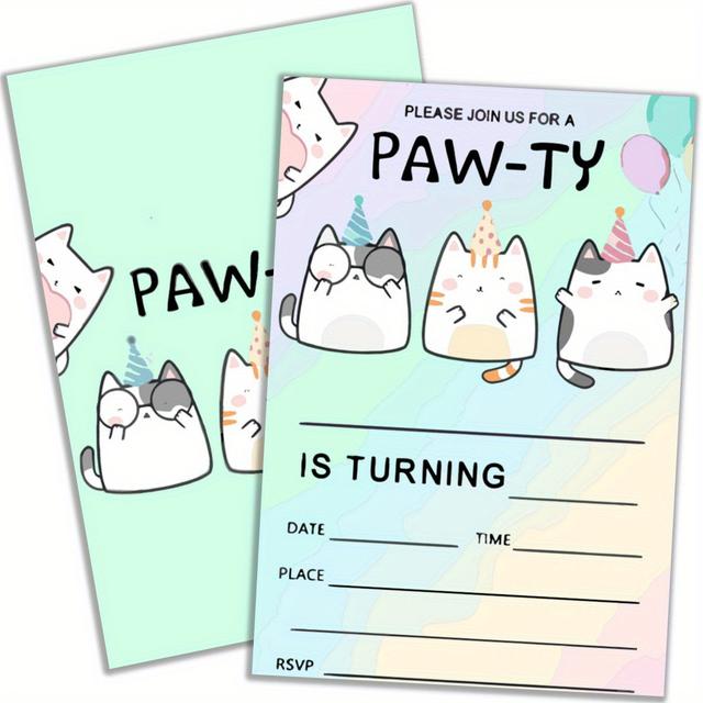 TEMU 20pcs Cartoon Paw-ty Birthday Party Invitations, Cute Animal Theme, Paper Cards With Envelopes, No Electricity Needed, For , Suitable For Wedding, Bridal Shower, Christmas, Halloween