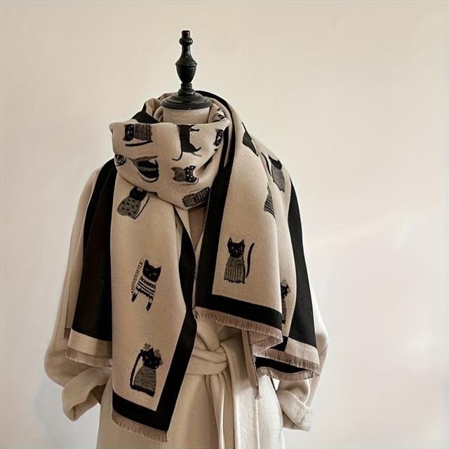 TEMU Cat Lovers! A Luxurious Double-sided Thick Scarf Featuring A Black Design, Perfect For Women In Winter, Providing And Style As A Long Shawl