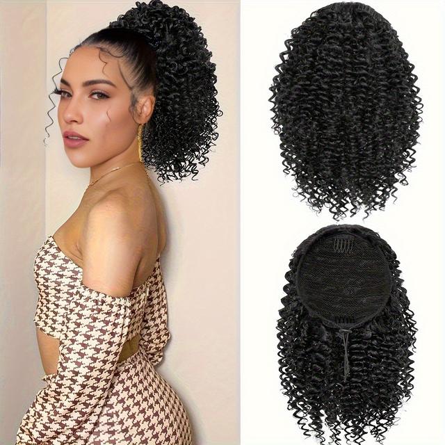 TEMU Black Curly Ponytail Extension Drawstring Ponytail For Women 14 Inch Fake Ponytail Synthetic Ponytail With 2 Clips In