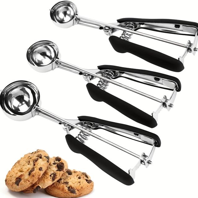 TEMU 3pcs Stainless Steel Cookie & Ice Cream Scoop Set With Trigger Release - Non-slip Handles, Perfect For Baking & Desserts, Black