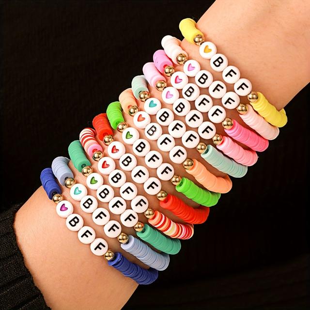 TEMU 12 Colorful Polymer Clay Love Letters Forever Beaded Bracelet -match Ladies Set Suitable For Gifts