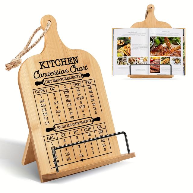 TEMU حامل كتب الطبخ من الخيزران، تصميم بسيط على الطراز الريفي - رف متين لطاولة المطبخ لتصفح الكتب، بما في ذلك الكتل الجافة والسائلة، ومستندات الوقت والدرجة الحرارية، حامل كتب الطبخ من الخيزران للمطبخ