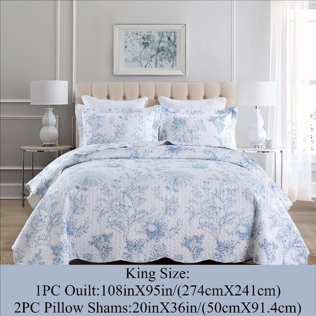 TEMU 3pcs Blue Floral Quilts Set Queen/king Size, Scalloped Edging Bedspread Coverlet, Spring Bedding With 2 Pillowshams, Fits Any