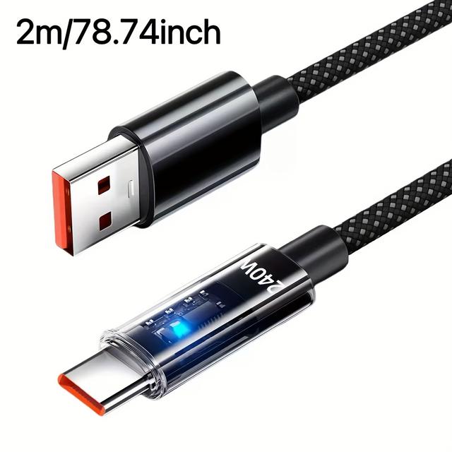 TEMU Type-c Data Cable With 240w Charging , Super Fast Charging, Automatic -off, Transparent Glowing Design With Indicator Light, Compatible With Huawei, Vivo, Honor, And Xiaomi Smartphones