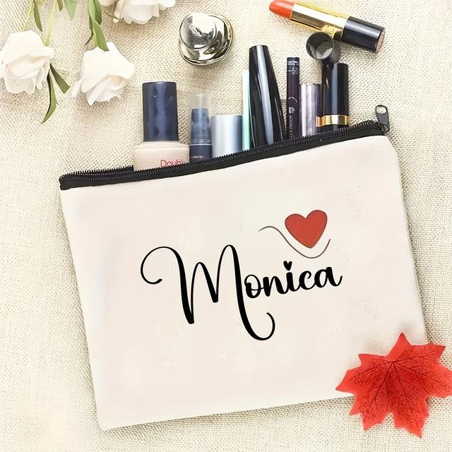 TEMU Custom Heart-shaped Makeup Bag - Stylish Women's Cosmetic Pouch With Secure Zipper Design, Personalized Name Engraving , Perfect Gift, Unisex Travel Organizer For Men And Women