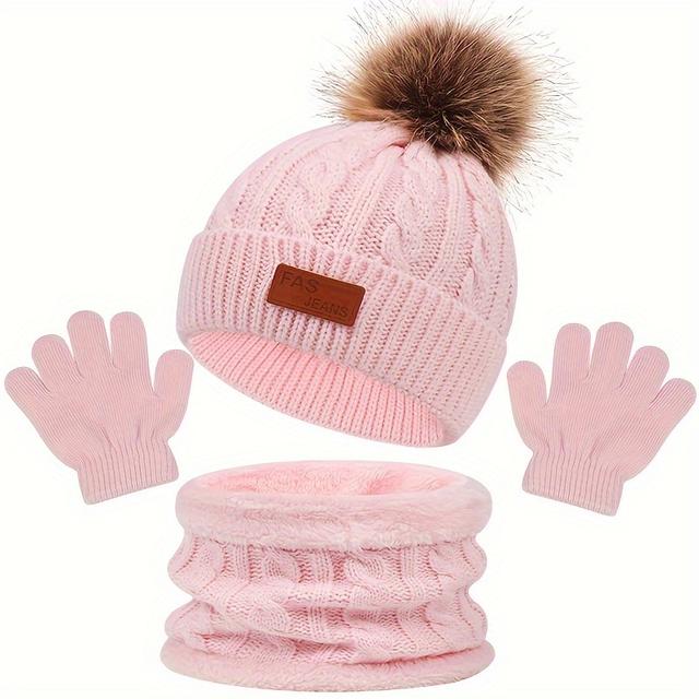TEMU A Set Of 3 Winter Hats For Children, Featuring Thick Ear Protection, Gloves, And A Neck Warmer. This Ensemble Is Suitable For Boys And Girls Years, Perfect For Daily Wear And