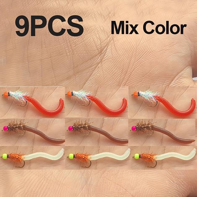 TEMU 9-teiliges UV/Leuchtendes Messing-Beadhead Kunst-Maden-Set – Lebensechte Fliegenfischen-Köder für Forelle, Steelhead, , , Karpfen Barsch – Fliegenfischen-Köder