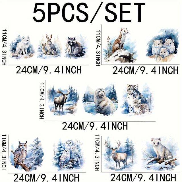 TEMU 5pcs/set Dorsbaby Winter Animals 16oz Glass Jar Transfer Paper, Uv Dtf High Self-adhesive Decor Wraps, Paper Material, For Coffee Mug Decoration
