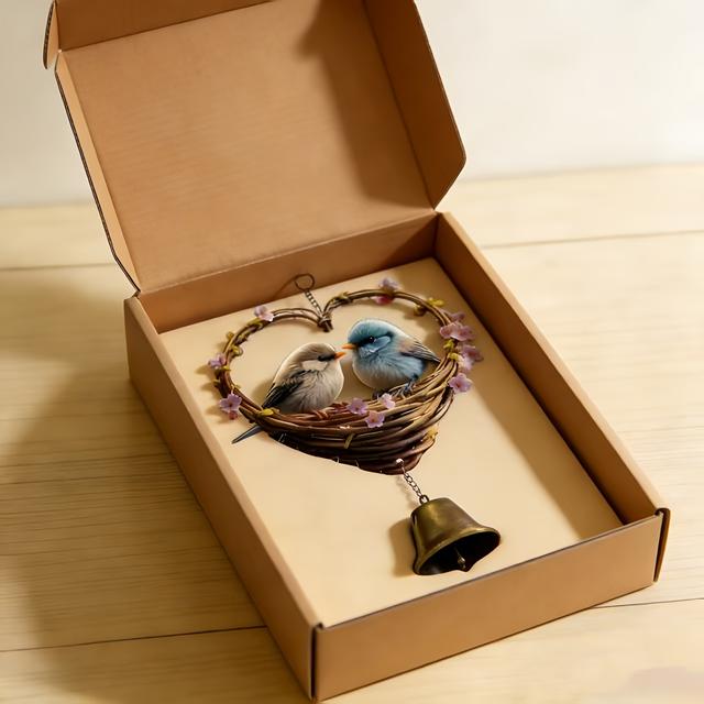 TEMU Large Heart Bird Wind Chime With Bells - 8"x15.8" Metal Garden And Yard Decor, Soothing Chimes, Durable Iron Hanging Decoration With Birds And Flowers, For Outdoor Use, Pink And - Romantic Gift