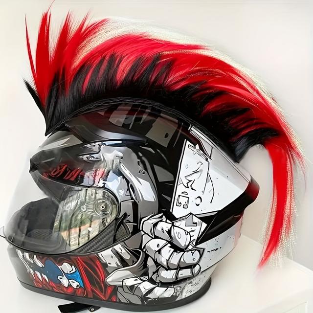 TEMU Motorcycle & Bicycle Helmet Mohawk Wig - Polyester Fiber, Adhesive Attachment, High Visibility, Universal Fit Helmet Accessory For Riding & Cosplay