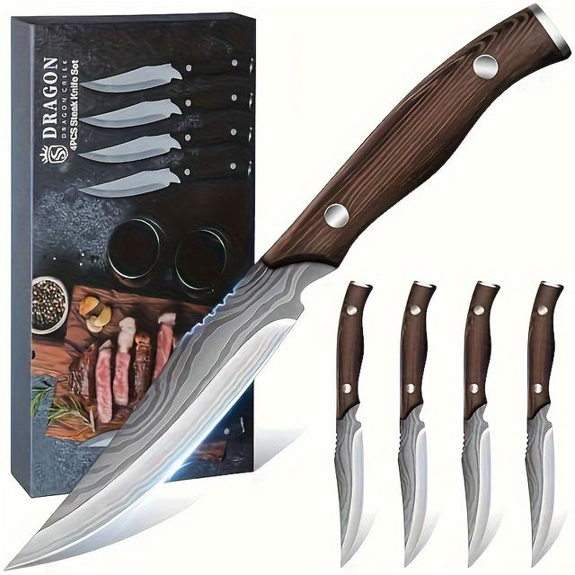 TEMU Set Of 4 Stainless Steel Steak Knives With Wooden Handles, Ideal For Home And Restaurant Use, In A Gift Box, Perfect Sharp Meat Knives For Men, Women, Fathers, And Mothers
