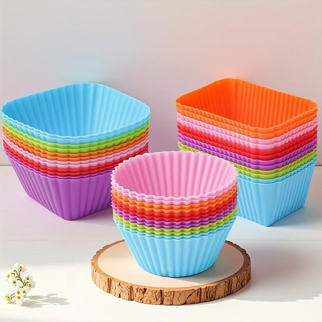 TEMU 24pcs Of Silicone Cupcake Molds In 3 Different Shapes, Reusable, , Easy To Clean, Baking Cups, Baking Molds In Rectangular, Square, And Round Shapes, Lunch Box Bento Dividers.