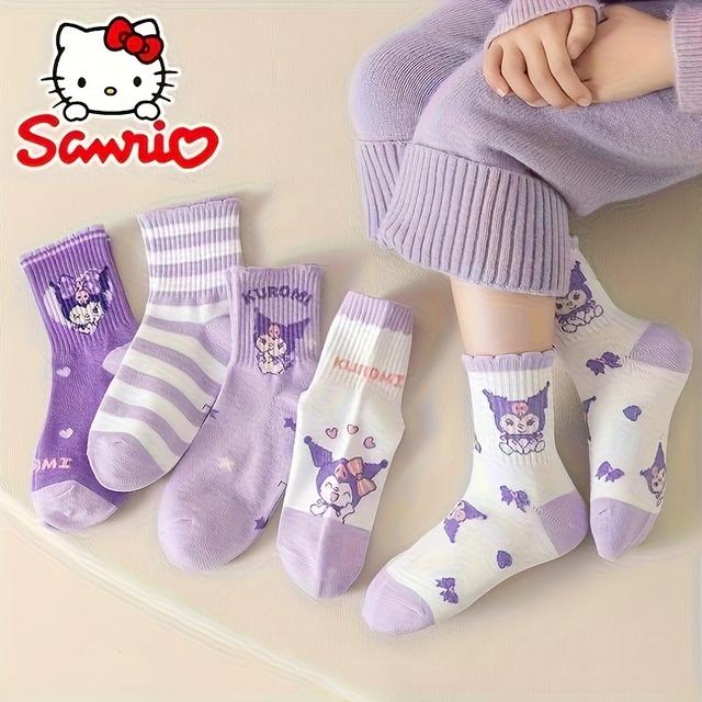 TEMU 3 Pairs Kuromi Girls Cartoon Socks | Mid-calf Crew Socks For Kids, For Outfits, And Elastane, Knit Fabric
