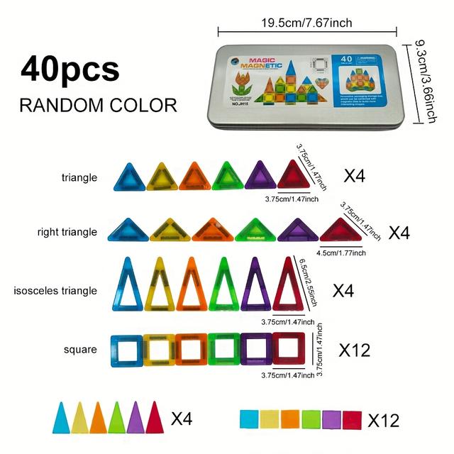 TEMU 40 stuks Magnetische Bouwblokken met Opbergdoos - Geschikt voor Jongens & Meisjes, Creatieve Blokken, Magnetische Tegels (Verjaardagscadeau, Meerkleurig)