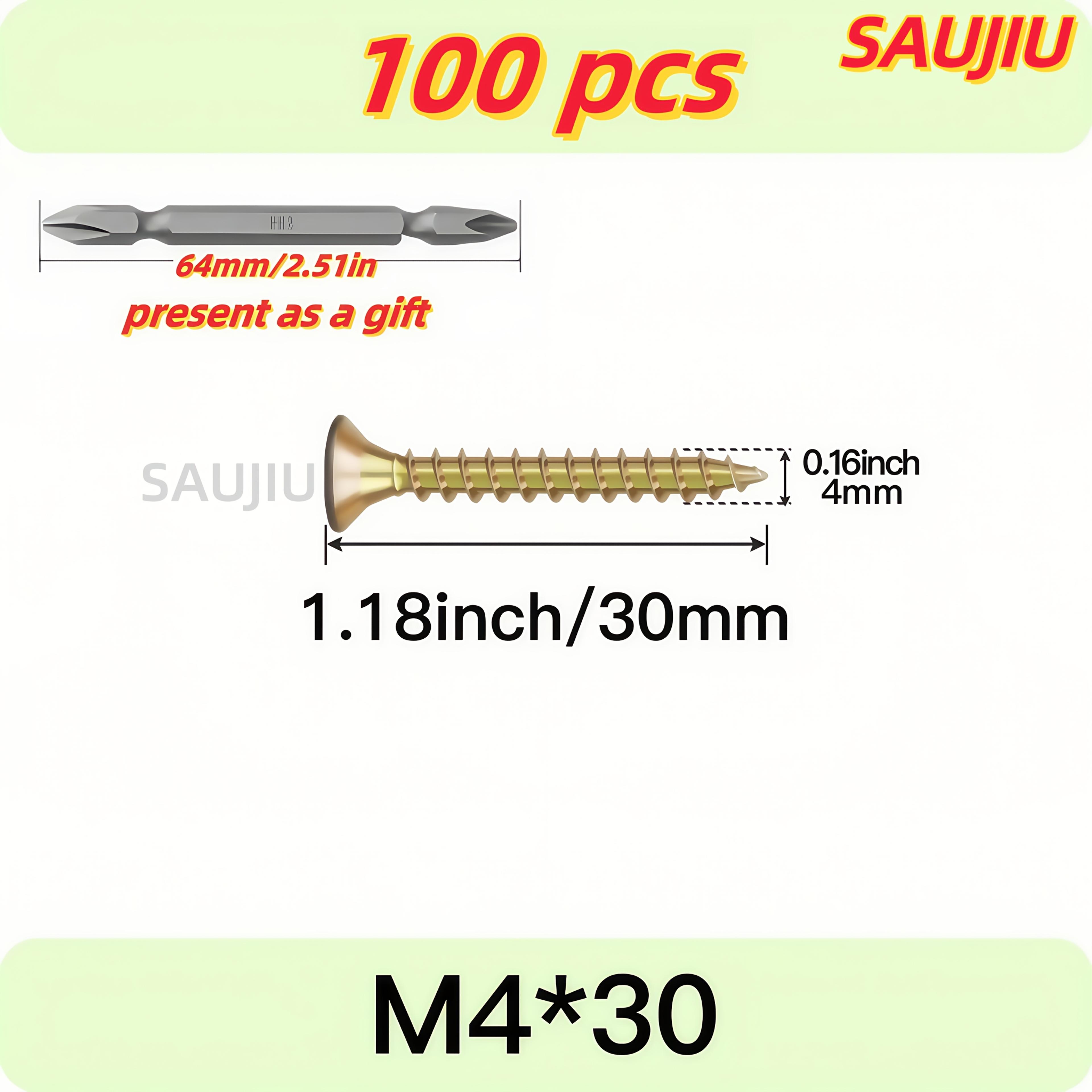 TEMU Juego de 100 tornillos autorroscantes robustos en 6 tamaños (16-50 mm) para paneles de yeso, metal, madera y plástico, una broca gratuita para instalaciones de tablero de fibra y madera
