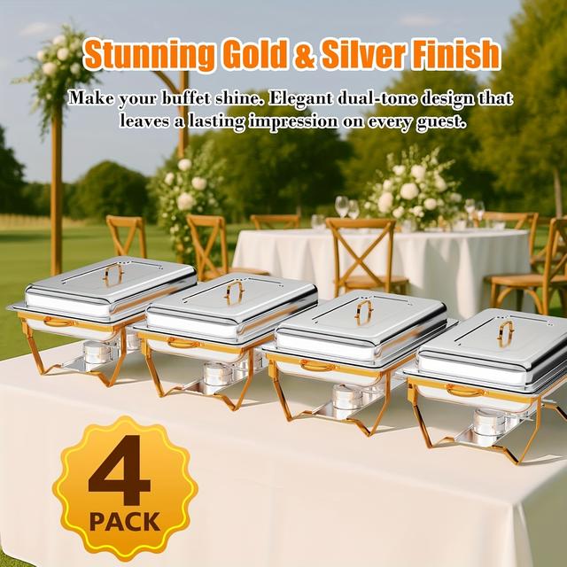 TEMU Buffet Set With Golden Chafing Dishes, 9.5qt Chafers For Catering, Ideal For Weddings, Featuring Rolled-, Intended For Cooking ( For Cooking) ( For Cooking)