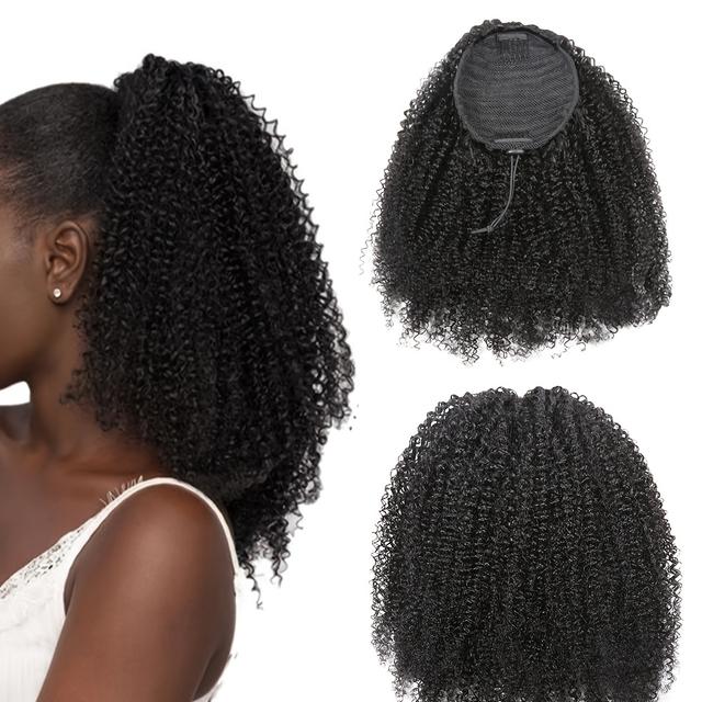 TEMU Clip-in Afro Human Hair Ponytail Extensions - Real Hair Drawstring Ponytail With Adjustable Elastic Band, Natural Look Hairpiece For Women, All , Ponytail Hair Extensions