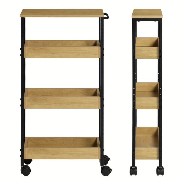 TEMU . Rollwagen, Küchenwagen mit 3 Ablagen, Arbeitsfläche, Schmaler Servierwagen, Nischenregal auf Rollen, Nischenwagen, Badregal, Platzsparend, 15x82x40 cm, Eiche , Schwarz
