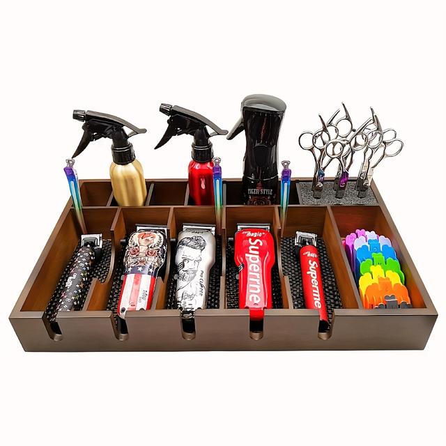 TEMU Large Storage Box For Wooden Electric Hair Clippers, Vintage Oil Head Wooden Rack, Tray For Scissors And Clipper Tools