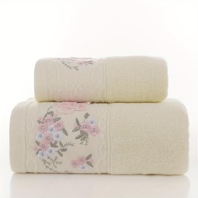 TEMU 2pcs Set Of Embroidered Cotton Towels With Bath Towels, Soft And Absorbent, Holiday Gift, Preferred For Couples Bathrooms